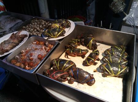 Live crabs and various seafood in metal boxes at a street food market.のeditorial素材