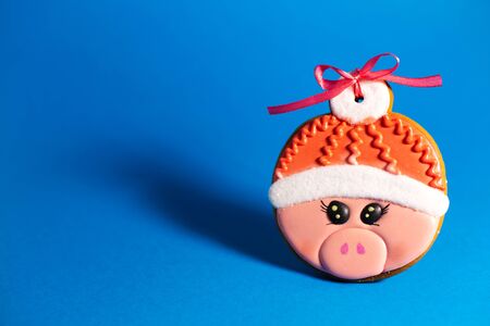 gingerbread cookie of cute pink pig on blue background. Traditional Christmas food. Christmas and New Year holiday concept. Copyspace.の写真素材