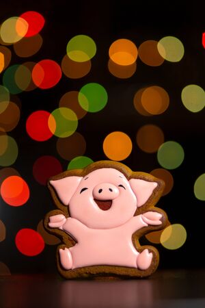 gingerbread cookie of funny pink pig over defocused colored lights of garland. Traditional Christmas food. Christmas and New Year holiday conceptの写真素材