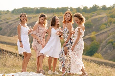 The company of gorgeous female friends having fun and enjoys a summer green hlls picnic, dancing and drink alcohol. People conceptの写真素材