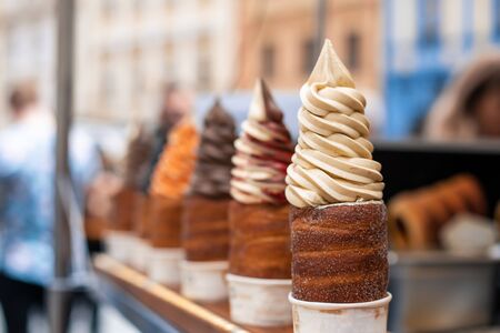 A popular national street food of the Czech Republic. Baking at the street stalls of the popular Trdloの写真素材