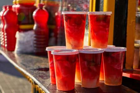 Refreshing beverages vendor at city pier in Istanbul.の写真素材