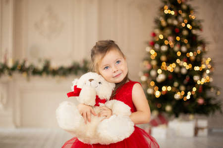 A little girl is enjoying her new teddy bear given by Santa Claus for Christmas.の写真素材