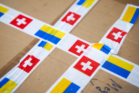 Boxes with humanitarian aid for Ukraine in volunteer center warehouse.のeditorial素材