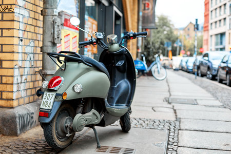 Close-up picture of motorbike on the street of European city. Berlin, Germany - 05.17.2019のeditorial素材