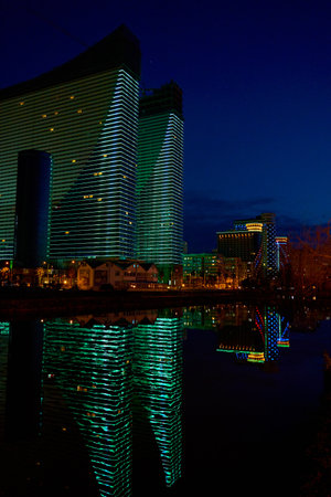 Evening view of the modern hotel complex Orbi City in the city of Batumi. Batumi, Georgia - 03.30.2021のeditorial素材