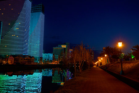 Evening view of the modern hotel complex Orbi City in the city of Batumi. Batumi, Georgia - 03.30.2021のeditorial素材
