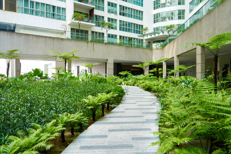 Green garden in the inner yard of residential building complex.の写真素材