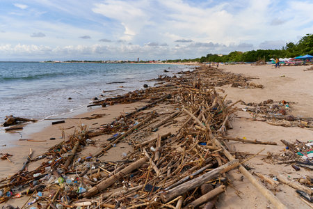 Mountains of waste and garbage on the sandy beach after the tide. Humanity is polluting the ocean.の写真素材