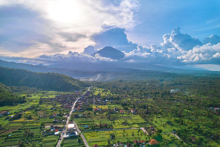 Panorama of Mount Agung and rice fields on the island of Bali