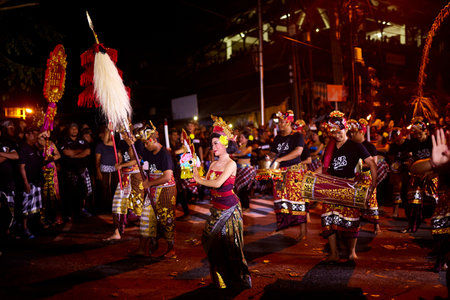 The sacred traditional Ogoh-Ogoh masquerade parade with dancing and scary figures begins before the...