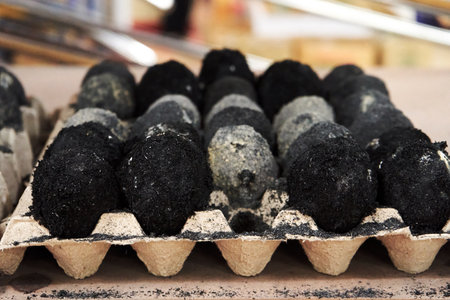 Black century-old Asian eggs in cardboard trays are in a warehouse in the storeの写真素材