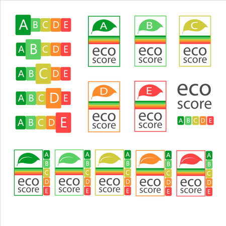 Sustainability labeling for food: The new Eco-Score. environmental impact of food products. Calculating the eco score. Health care symbol for packaging design .Vector Nutri Scoreのイラスト素材