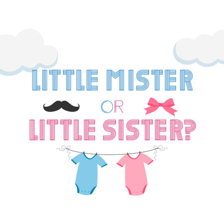 Little mister or little sister? Gender reveal party card, banner vector element designのイラスト素材