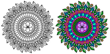 Ornamental Rounded Decorative Colouring Mandala Design Henna Style Colouring Book Page for Adults and Childrenのイラスト素材