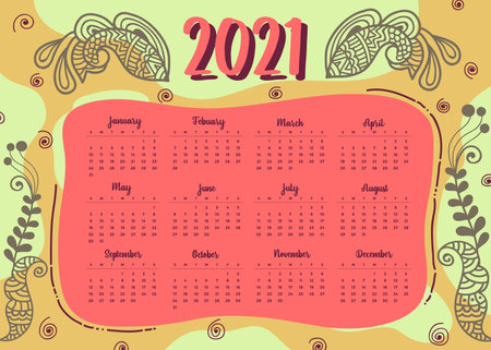 Happy new year 2021 hand drawn decorative henna design calendar templateのイラスト素材