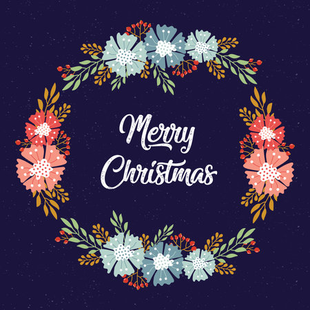 Merry Christmas Floral Wreath	
on Navy Blue Backgroundのイラスト素材