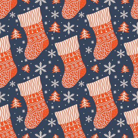 Christmas Orange Socks and Elements Ornamental Vintage Abstract Modern Style Pattern on Navy Blue Backgroundのイラスト素材