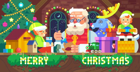 Vector flat-styled Christmas illustration of Santa Claus in a workshop with elves, deer and giftsのイラスト素材
