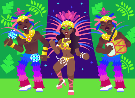 Three Brazilians Play Music and Dance a Samba in Carnival Ð¡ostumes