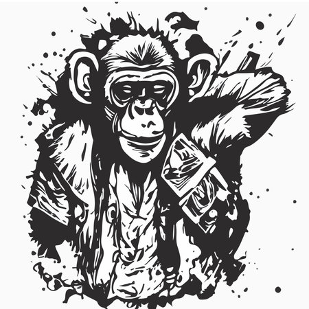 Illustration for Monkey with money. Vector illustration. Black and white graphics. - Royalty Free Image