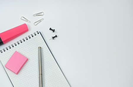 White background with work supplies. Top view with a space for text. High quality photoの写真素材
