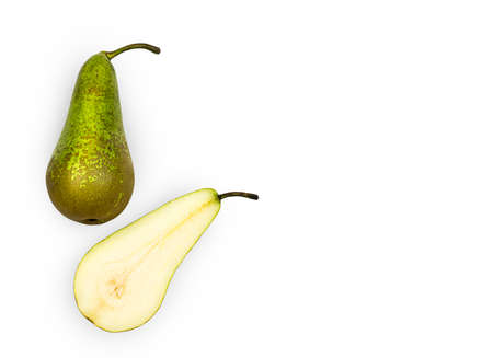 One whole and one split pear are isolated on a white background. Top view. High quality photoの写真素材