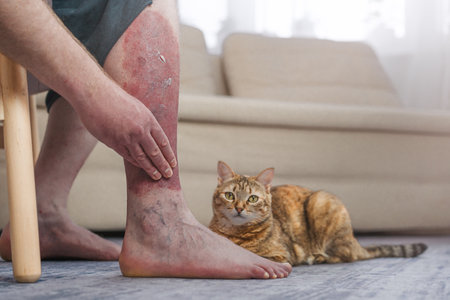 A man puts cream on a foot with psoriasis. High quality photo
