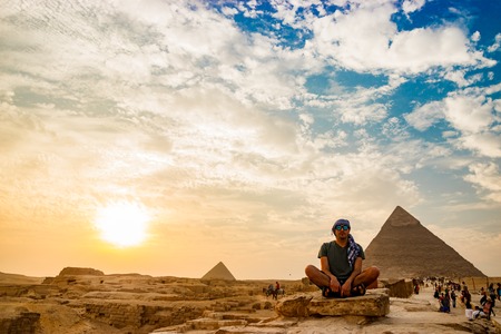 Meditation near the pyramids in Cairo, Egyptの写真素材