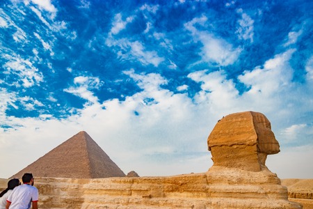 Admiring the sphinx in Cairo, Egyptの写真素材