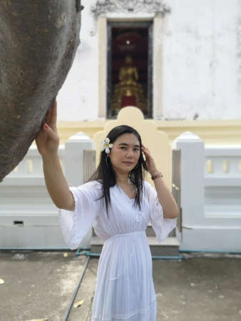 Portraits, cute girls wearing long white robes inside temples, Buddhists, beautiful girls.