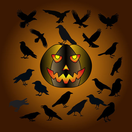 Halloween pumpkin with black ravens and crow. Vector illustration.のイラスト素材