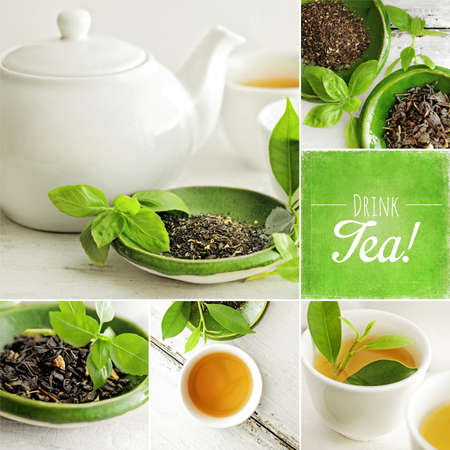 glass teapot with chinese tea, cup of herbal tea. collageの写真素材