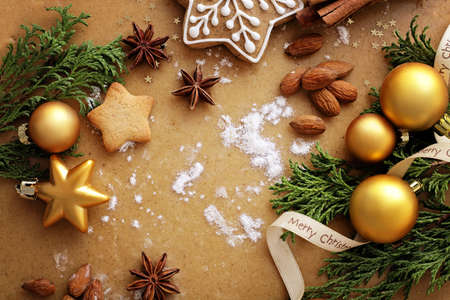baking of christmas cookies. decorative christmas gingerbreads and spicesの写真素材
