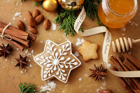 baking of christmas cookies. decorative christmas gingerbreads and spicesの写真素材