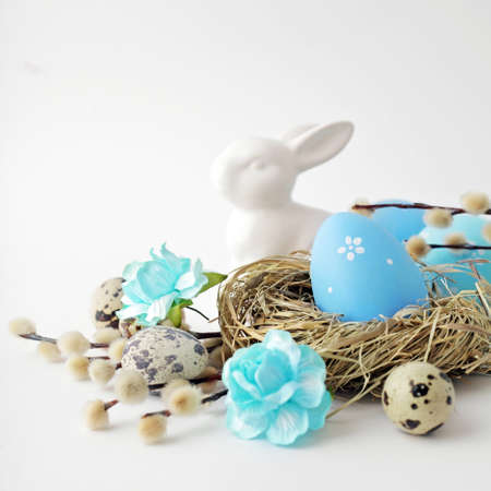 colorful easter eggs and spring flowers
