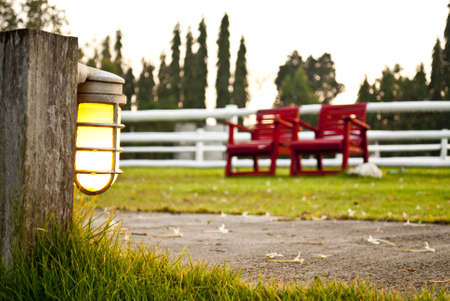 Red Chair in the sheep farmの写真素材