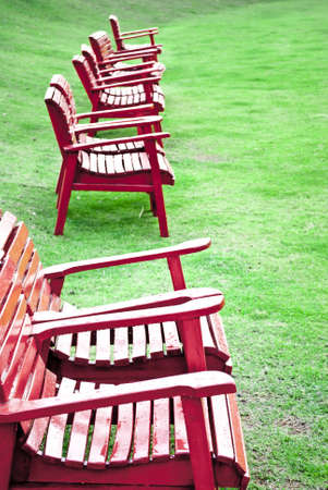 Red chairs on the yardの写真素材