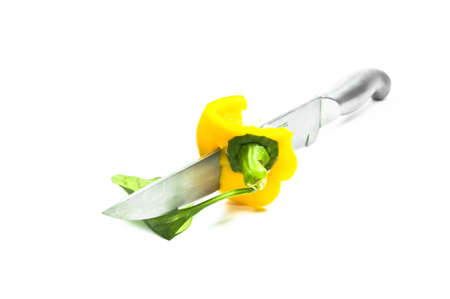 Yellow Sweet Pepper  with Knife Isolation の写真素材