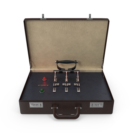 3D rendering of briefcase with built-in retro knife switch and indicator lights. Isolated on white background.の写真素材