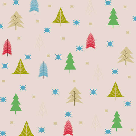 Cute and seamless christmas pattern with vector drawn elements. decorated with green, light blue and light brown trees on a peach backgroundのイラスト素材