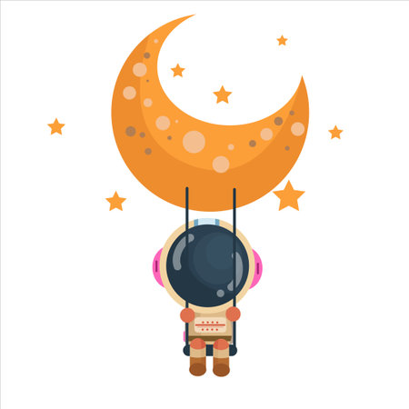 vector cartoon cute and cute astronaut standing holding the moonのイラスト素材