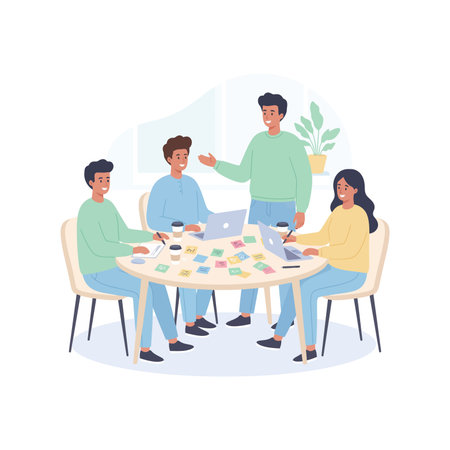 Young man and woman sitting at table and discussing business plan. Flat vector illustration.のイラスト素材