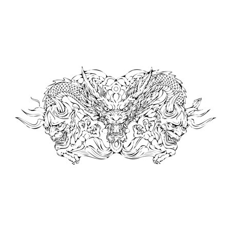 Dragon head tattoo. Black and white vector illustration isolated on white background.のイラスト素材
