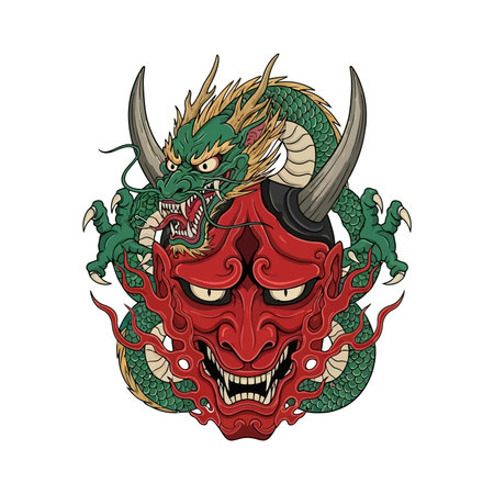 Dragon head with horns and dragon tail. Vector illustration isolated on white background.のイラスト素材