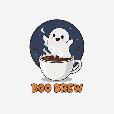 Cute cartoon ghost with cup of coffee. Vector illustration on white background.のイラスト素材