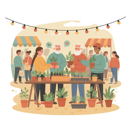 People at flower market. Flat vector illustration of people selling flowers and plants.のイラスト素材