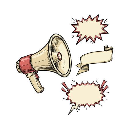 Megaphone with speech bubbles. Hand drawn vector illustration in sketch style.のイラスト素材