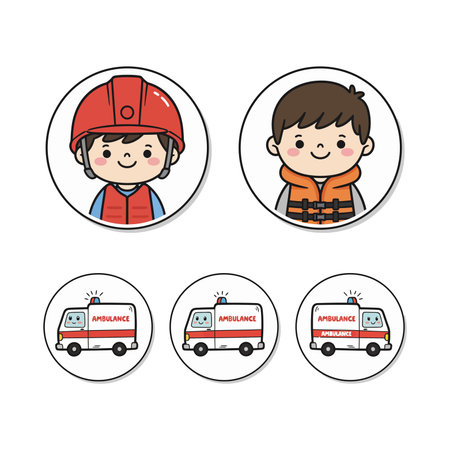 cute boy and girl with safety helmet and fire truck icon setのイラスト素材