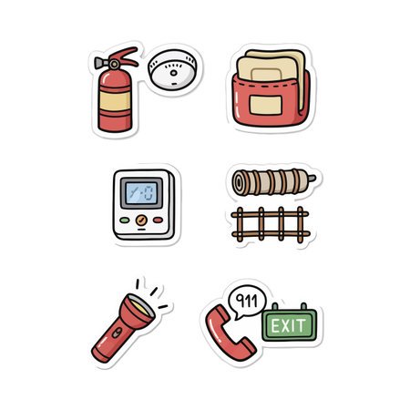 Vector set of fire extinguisher icons. Hand drawn doodle illustration.のイラスト素材